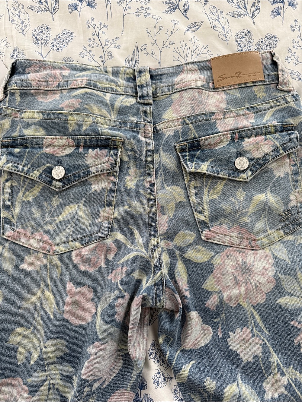 Seven 7 Floral Boyfriend Jeans in Dusty Blue with Pink Accents - Picture 3 of 3